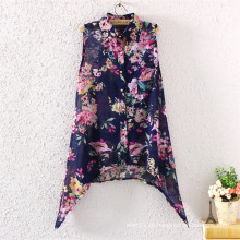 2015 Últimas Moda Design Blusa Senhora Top Veste Sem Mangas Floral Chiffon Blusa